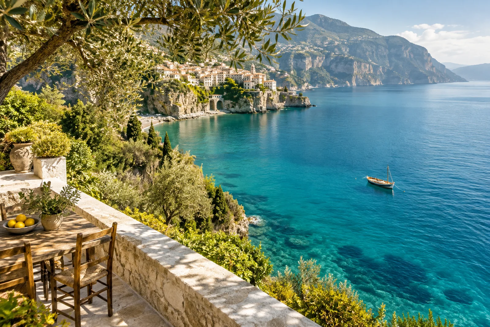 Sunlit terrace overlooking a turquoise Mediterranean cove