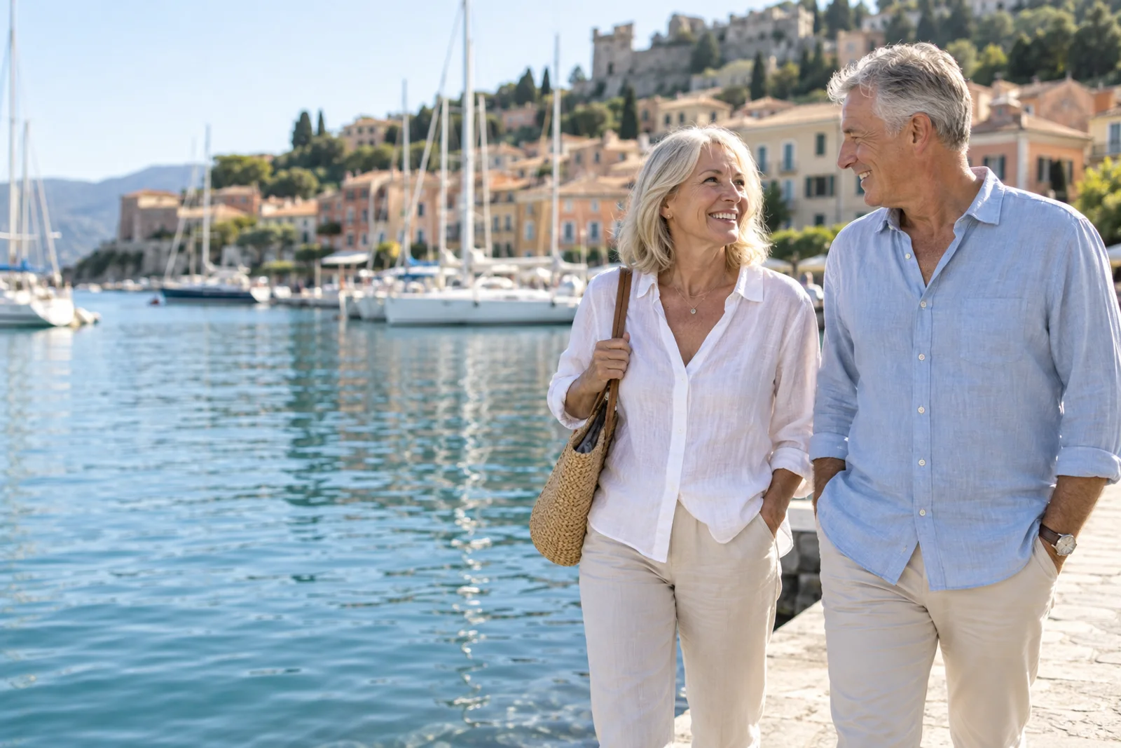 A couple enjoying a walk along a sunny harbour
