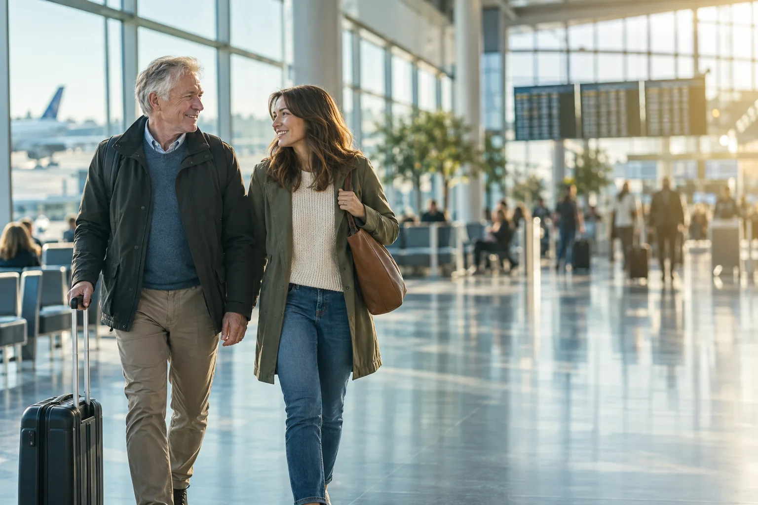A father and his adult daughter walking through a bright airport terminal